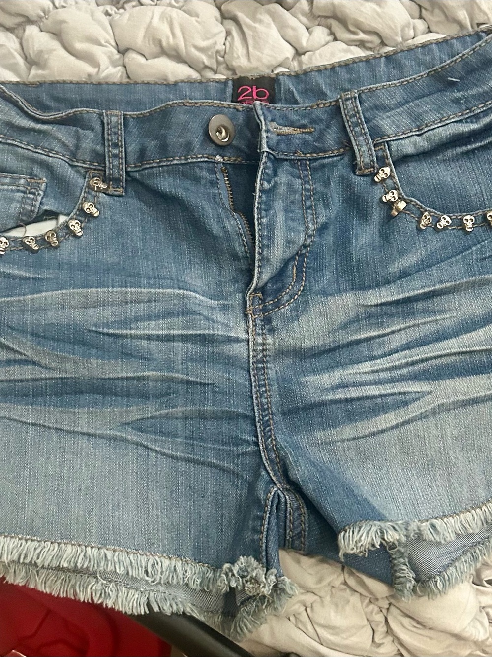 bebe Light Blue Denim Shorts with Pink Logo Tag